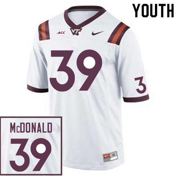 Youth #39 Jorden McDonald Virginia Tech Hokies College Football Jerseys Sale-White - Click Image to Close